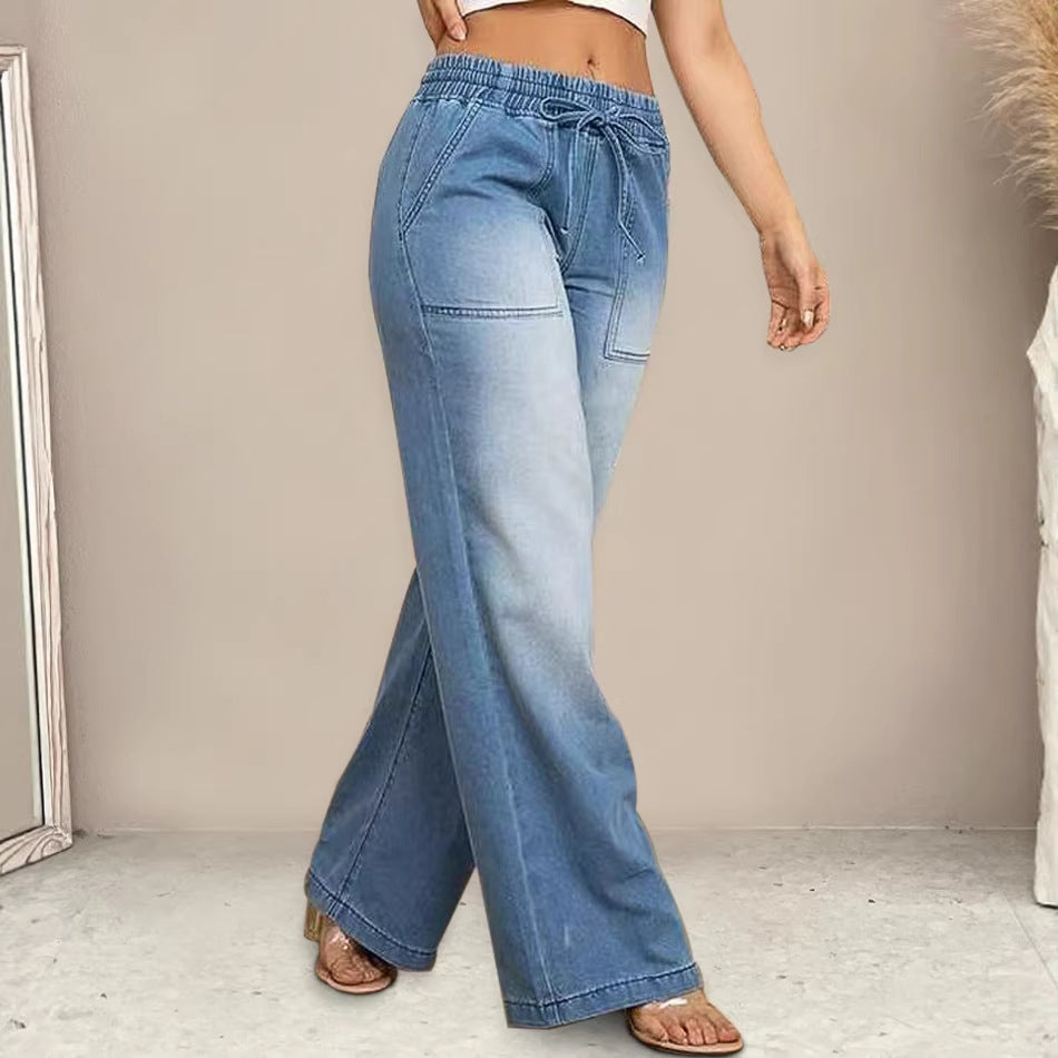 Kvinnors vida jeans med elastisk midja och trendig använd look-Eva Jonsson