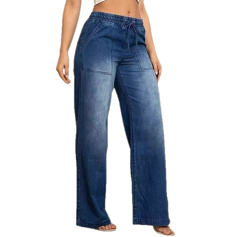 Kvinnors vida jeans med elastisk midja och trendig använd look-Eva Jonsson