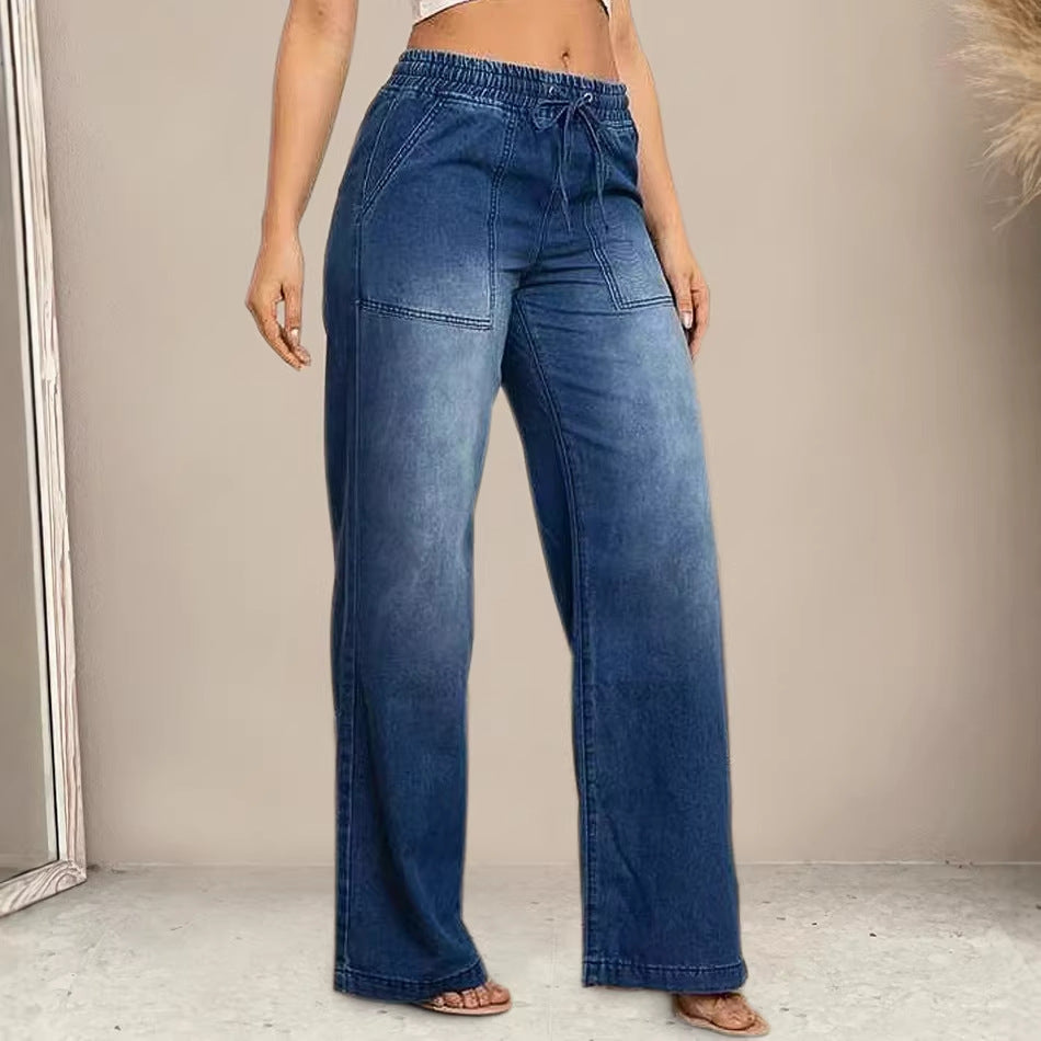 Kvinnors vida jeans med elastisk midja och trendig använd look-Eva Jonsson