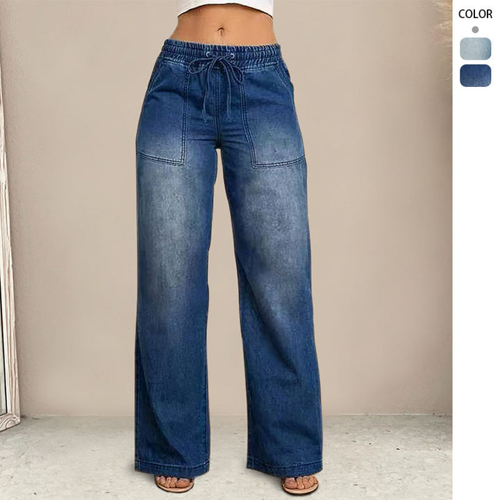 Kvinnors vida jeans med elastisk midja och trendig använd look-Eva Jonsson