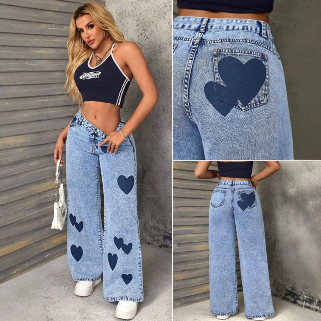 Kvinnors vida jeans med hjärtapplikationer Mirla-Eva Jonsson