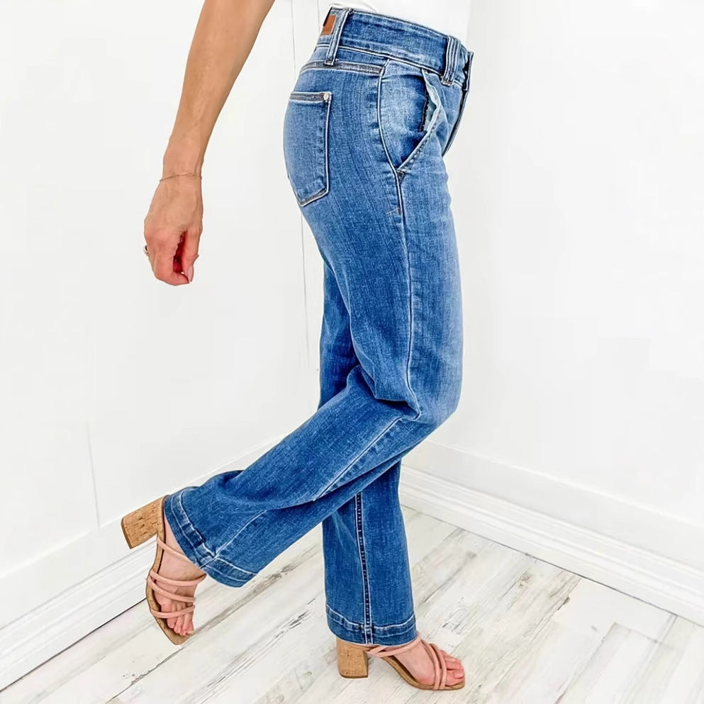 Kvinnors vida jeans med hög midja och elegant sömdesign-Eva Jonsson