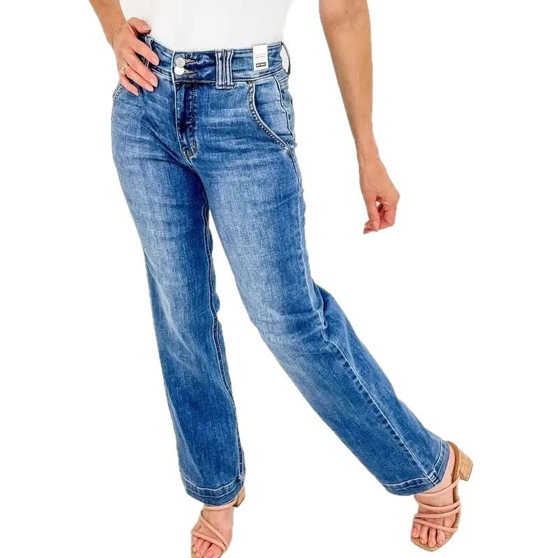 Kvinnors vida jeans med hög midja och elegant sömdesign-Eva Jonsson
