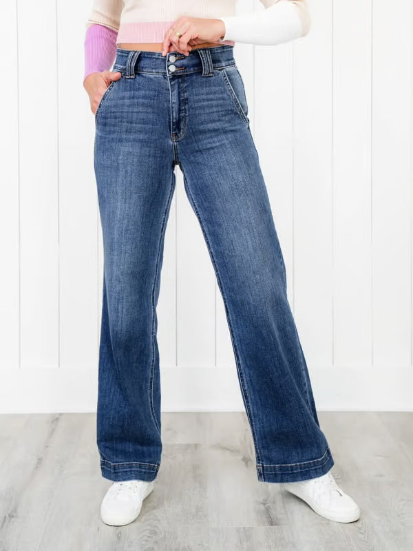 Kvinnors vida jeans med hög midja och elegant sömdesign-Eva Jonsson