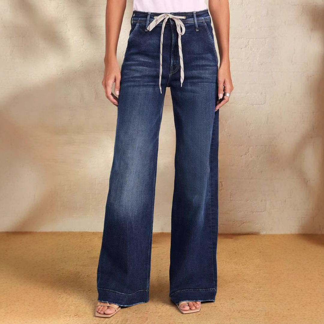 Kvinnors vida jeans med moderiktig snörning och elastisk midja-Eva Jonsson