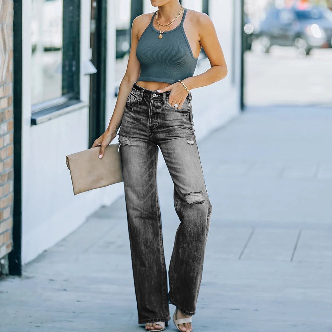 Kvinnors vida jeans med slitna effekter och hög midja-Eva Jonsson