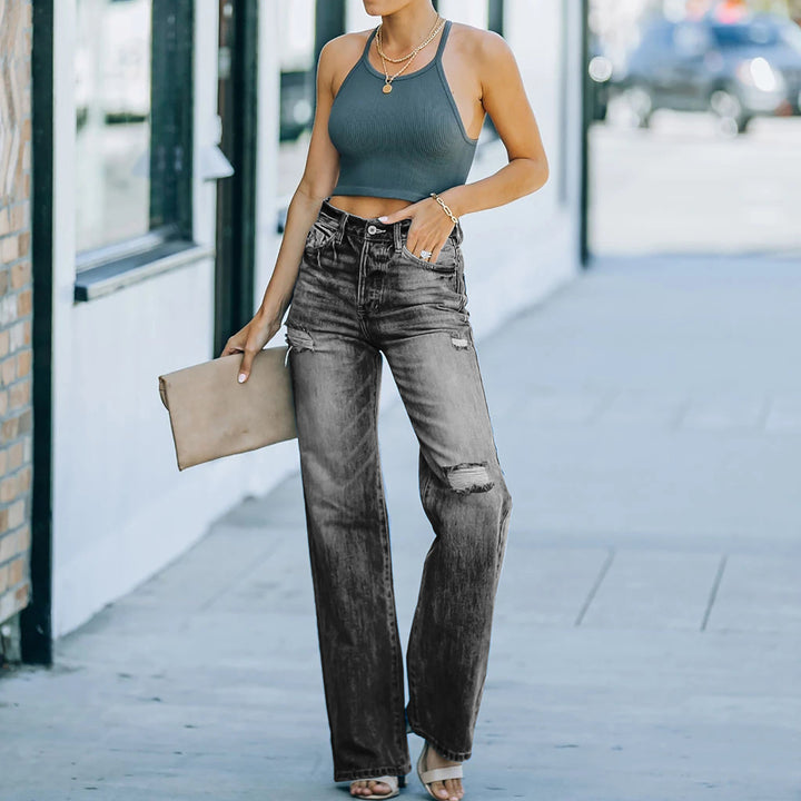Kvinnors vida jeans med slitna effekter och hög midja-Eva Jonsson