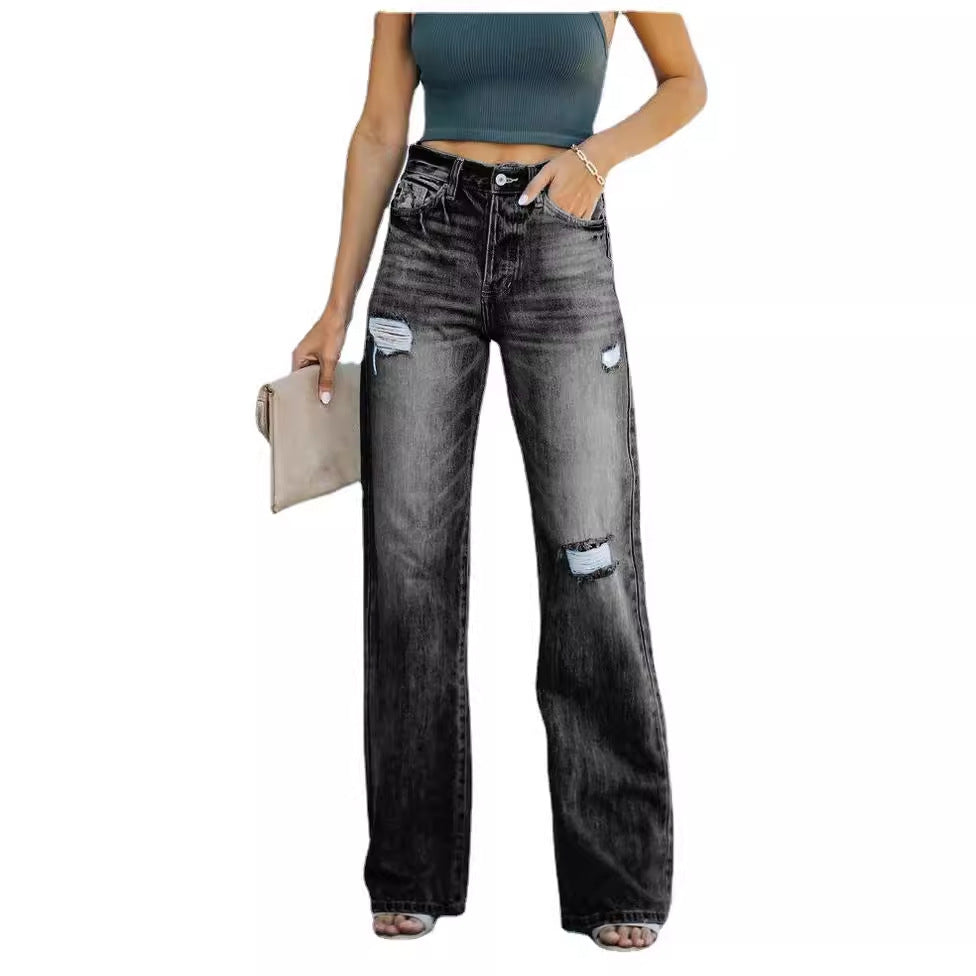 Kvinnors vida jeans med slitna effekter och hög midja-Eva Jonsson