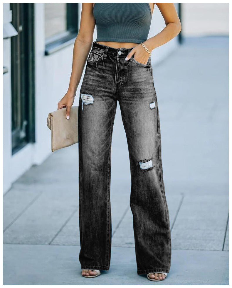 Kvinnors vida jeans med slitna effekter och hög midja-Eva Jonsson