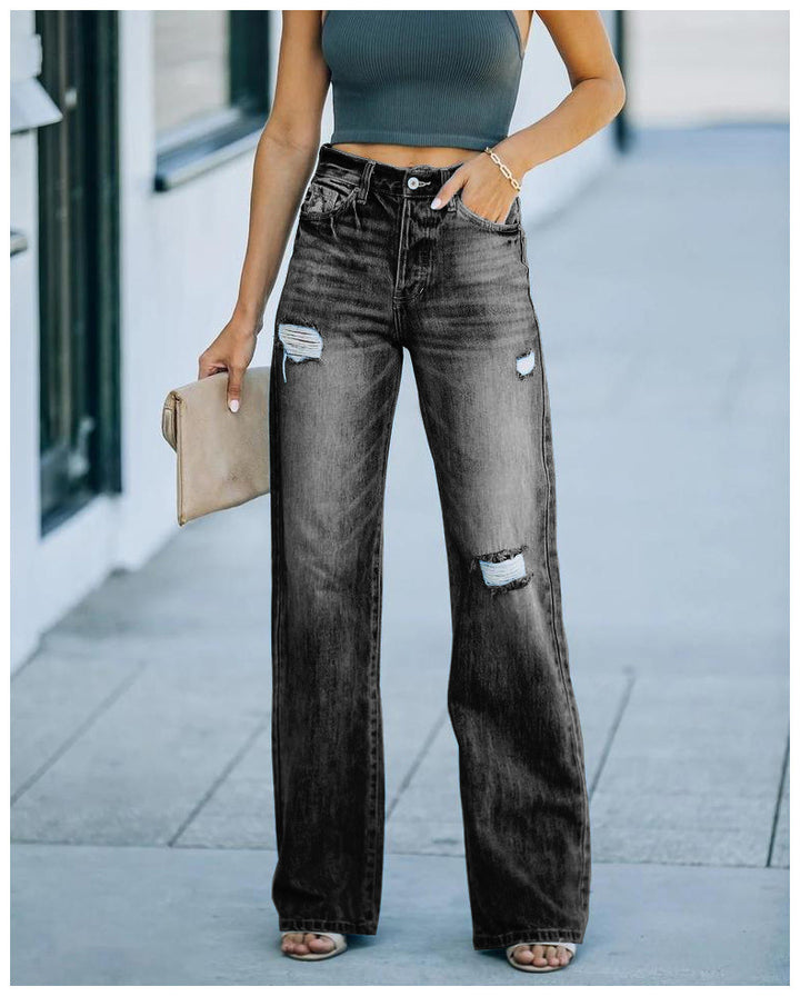 Kvinnors vida jeans med slitna effekter och hög midja-Eva Jonsson