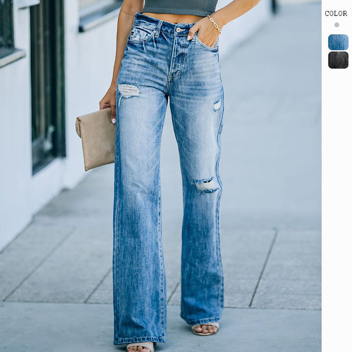 Kvinnors vida jeans med slitna effekter och hög midja-Eva Jonsson