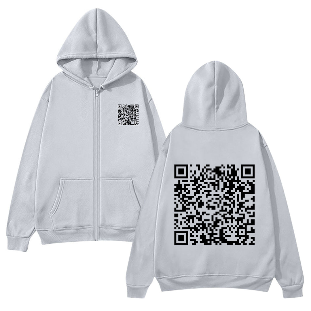 Kvinnotröja med huva och QR-koddesign i mjukt fleecematerial Mirla-Eva Jonsson