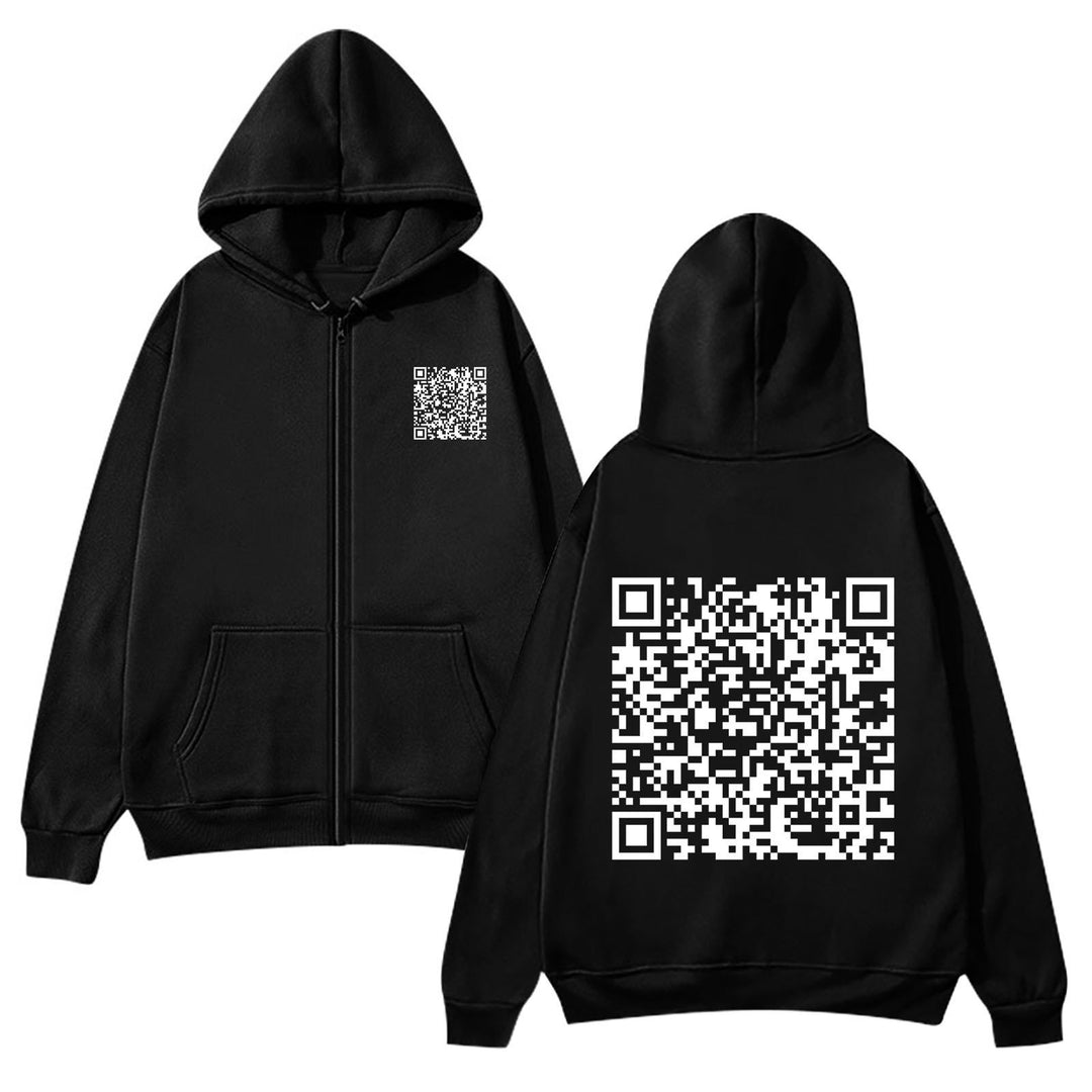 Kvinnotröja med huva och QR-koddesign i mjukt fleecematerial Mirla-Eva Jonsson