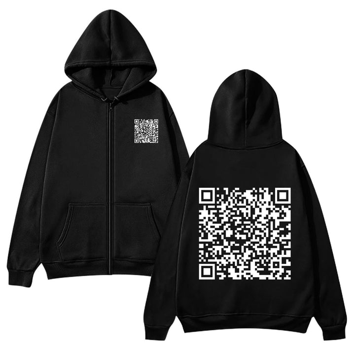 Kvinnotröja med huva och QR-koddesign i mjukt fleecematerial Mirla-Eva Jonsson
