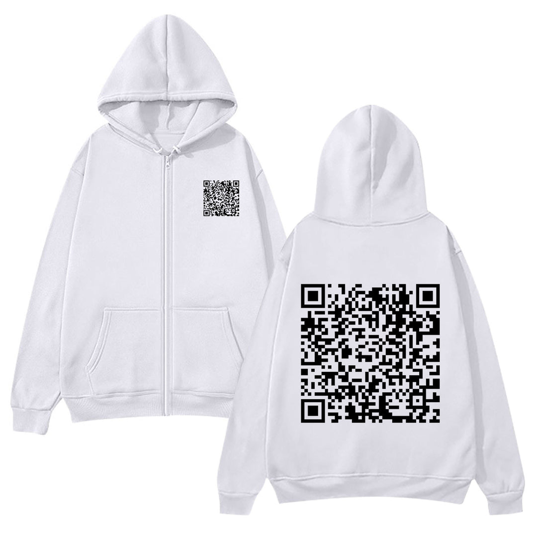 Kvinnotröja med huva och QR-koddesign i mjukt fleecematerial Mirla-Eva Jonsson