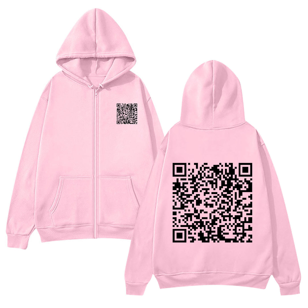 Kvinnotröja med huva och QR-koddesign i mjukt fleecematerial Mirla-Eva Jonsson