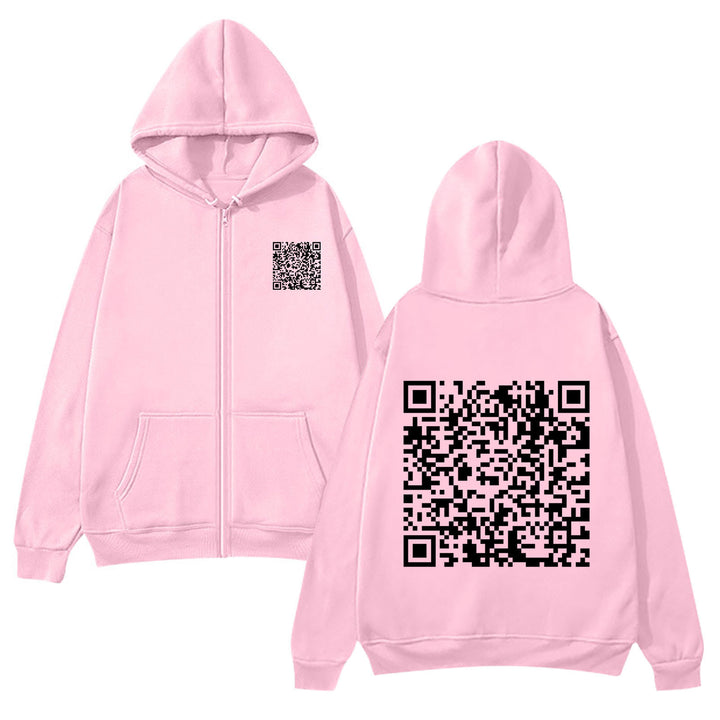 Kvinnotröja med huva och QR-koddesign i mjukt fleecematerial Mirla-Eva Jonsson