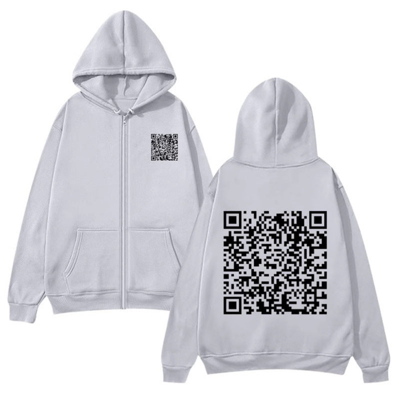Kvinnotröja med huva och QR-koddesign i mjukt fleecematerial Mirla-Eva Jonsson