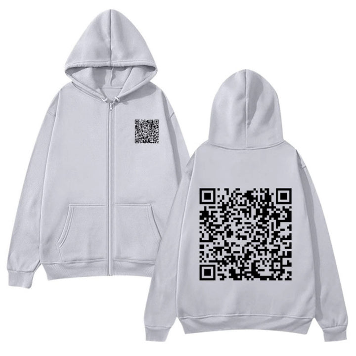 Kvinnotröja med huva och QR-koddesign i mjukt fleecematerial Mirla-Eva Jonsson