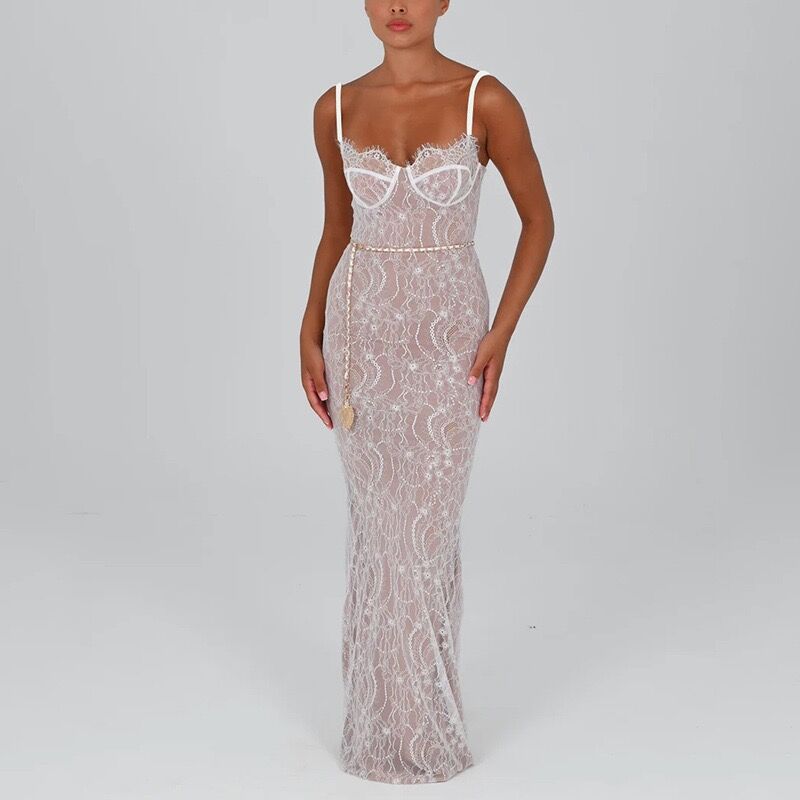 Ladies Elegant lace maxi skirt with deep neckline and body-hugging silhouette Mirla-Eva Jonsson