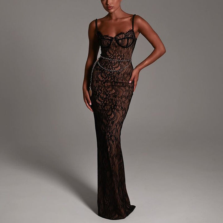 Ladies Elegant lace maxi skirt with deep neckline and body-hugging silhouette Mirla-Eva Jonsson