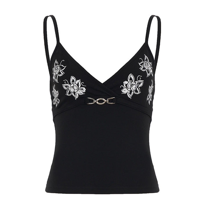 Ladies body-hugging top with floral pattern and decorative closure Mirla-Eva Jonsson