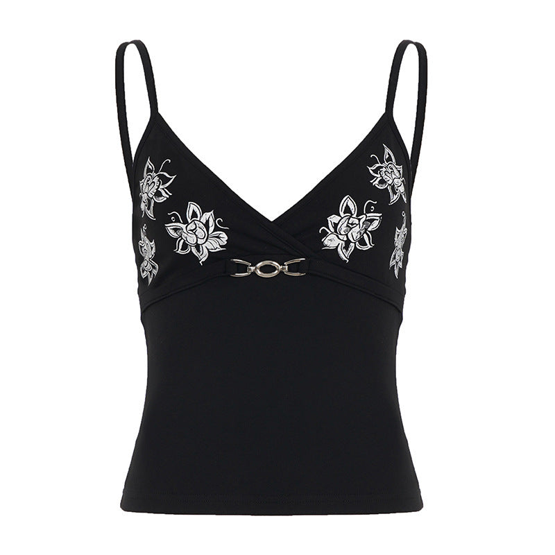 Ladies body-hugging top with floral pattern and decorative closure Mirla-Eva Jonsson