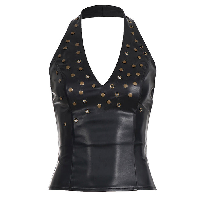 Ladies leather top with studs and deep V-neck Mirla-Eva Jonsson