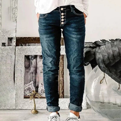 Lågbyggda jeans - Dam Loose Fit - Stretchiga knappjeans-Eva Jonsson