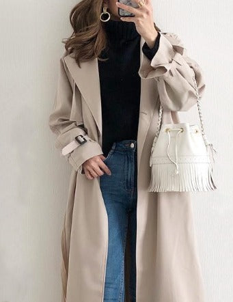 Lång Trench Coat - Enkelknäppt Beige Vattenavvisande Trench Coat för kvinnor-Eva Jonsson
