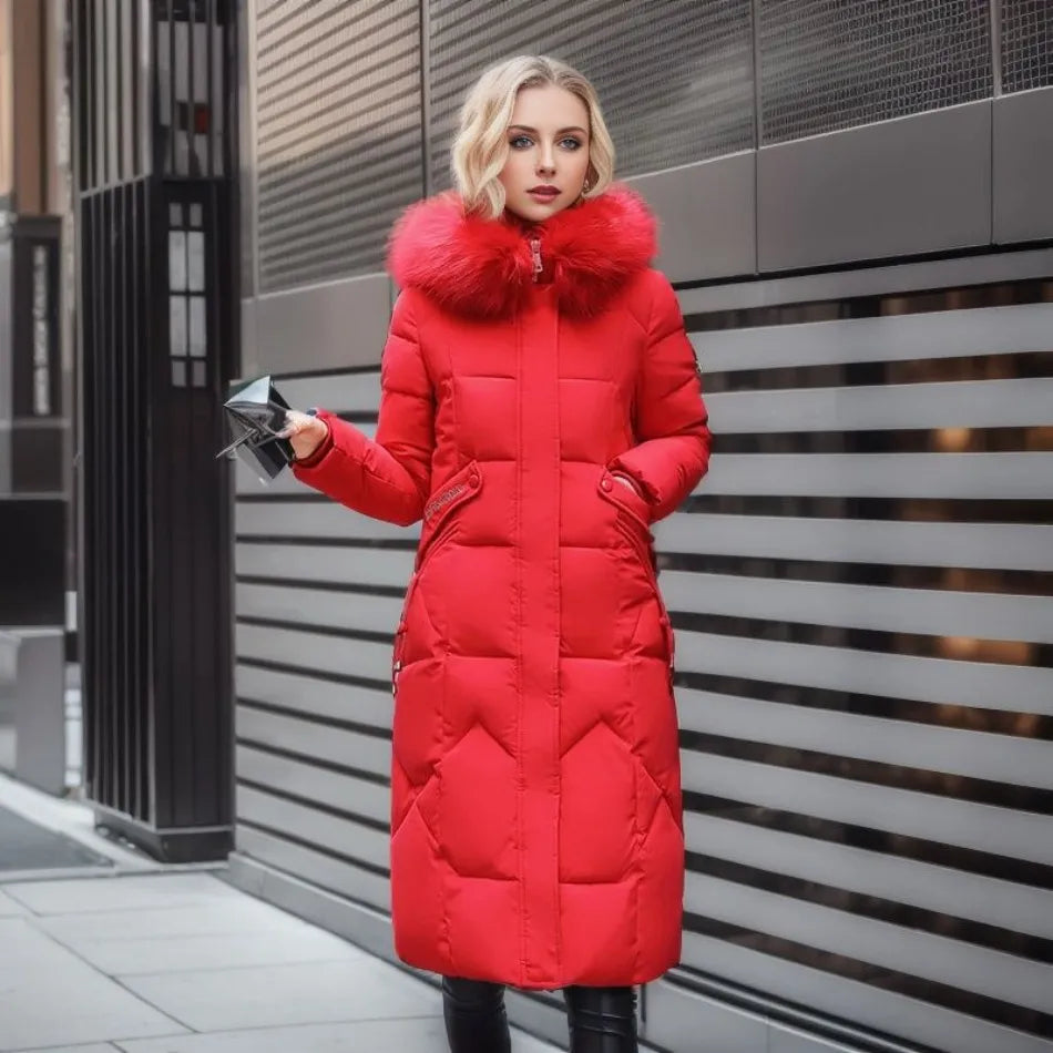 Lång Vinterjacka | Dam Pufferjacka, Pälshuva, Förlängd Längd, Slim Fit-Eva Jonsson