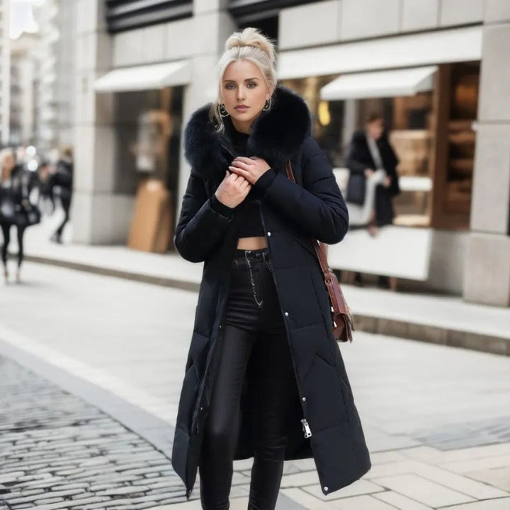 Lång Vinterjacka för Damer - Pälsluva - Smal passform - Lång puffertröja - Vinterjackor för damer-Eva Jonsson