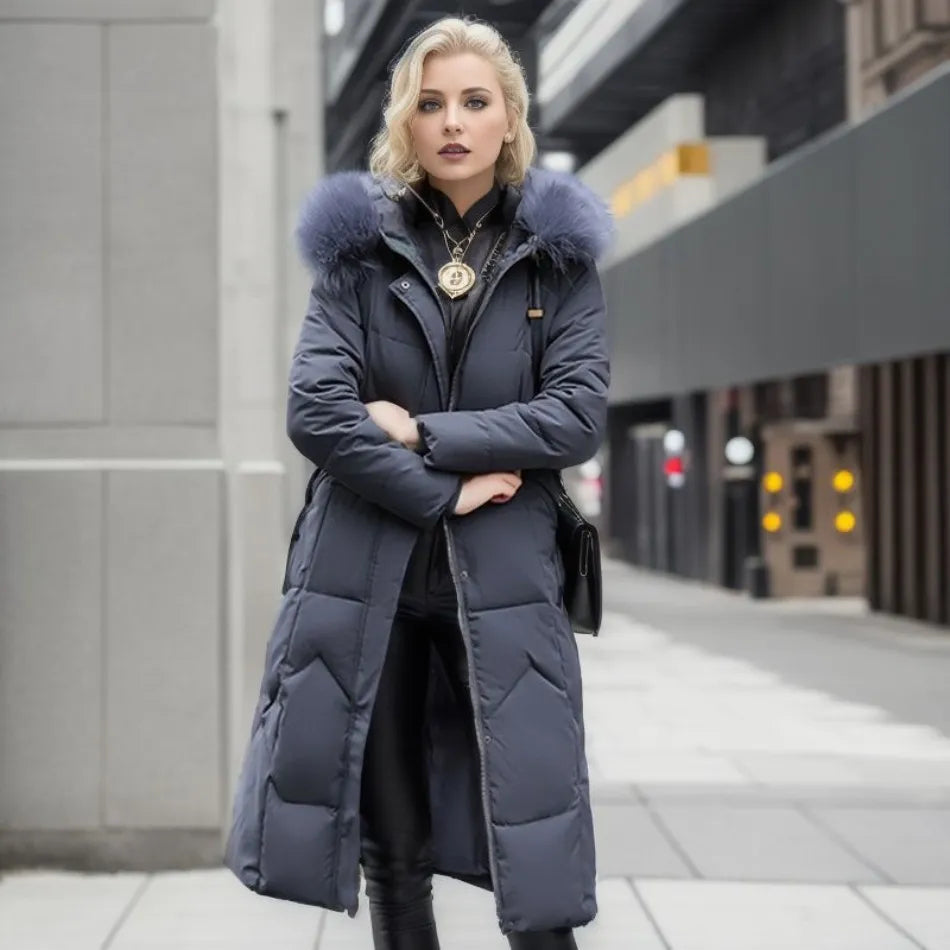 Lång Vinterjacka | Dam Pufferjacka, Pälshuva, Förlängd Längd, Slim Fit-Eva Jonsson