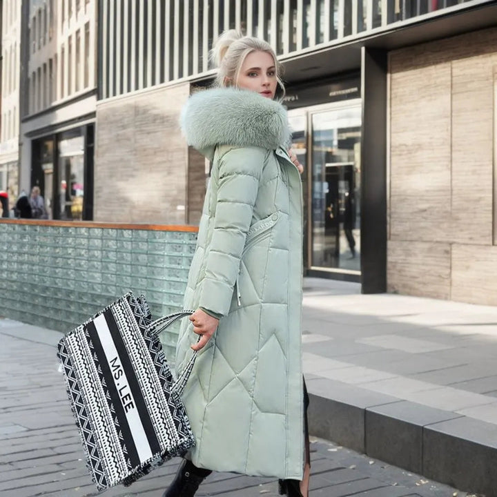 Lång Vinterjacka | Dam Pufferjacka, Pälshuva, Förlängd Längd, Slim Fit-Eva Jonsson