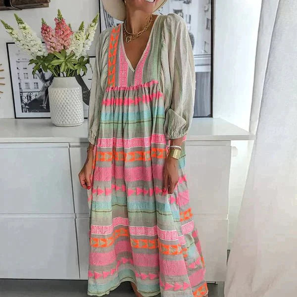 Lång klänning | Långärmad | V-ringad | Löst sittande klänningar | Sommarklänning-Eva Jonsson