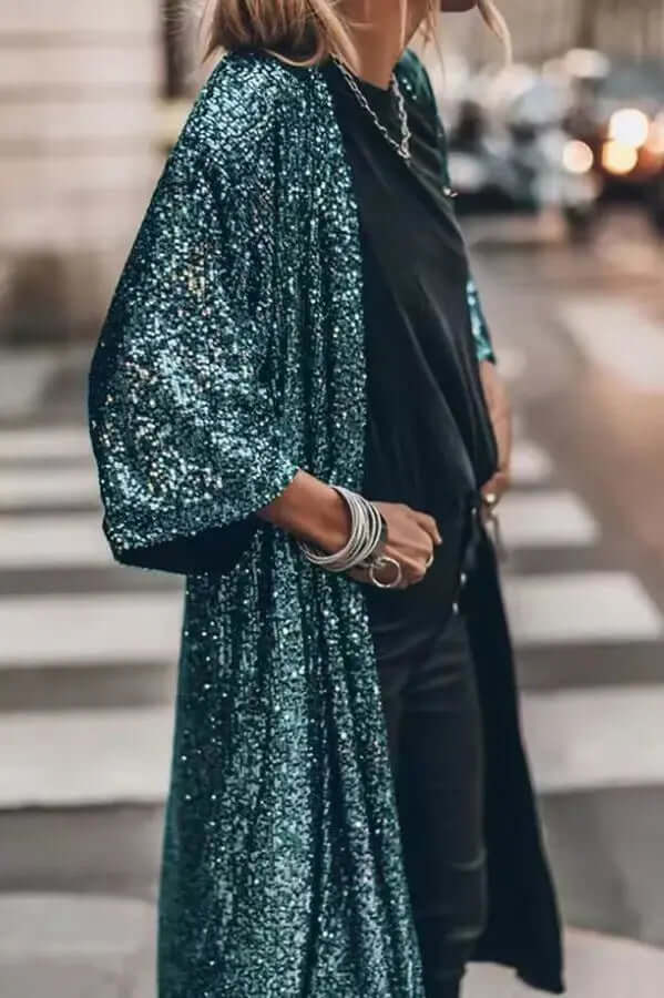 Lång paljettkimono – öppen fram – långa ärmar – glittrig kimono – glitterkofta-Eva Jonsson