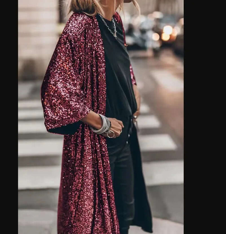 Lång paljettkimono – öppen fram – långa ärmar – glittrig kimono – glitterkofta-Eva Jonsson