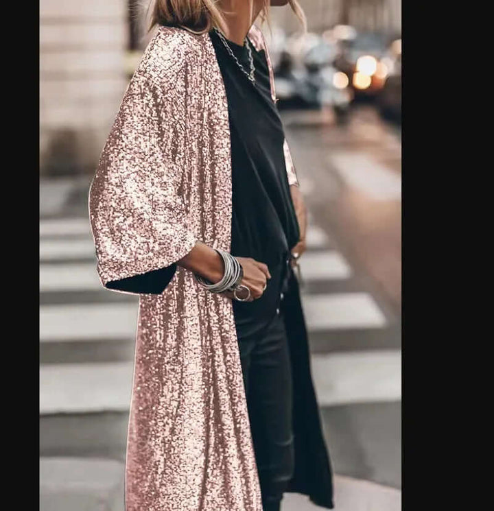 Lång paljettkimono – öppen fram – långa ärmar – glittrig kimono – glitterkofta-Eva Jonsson