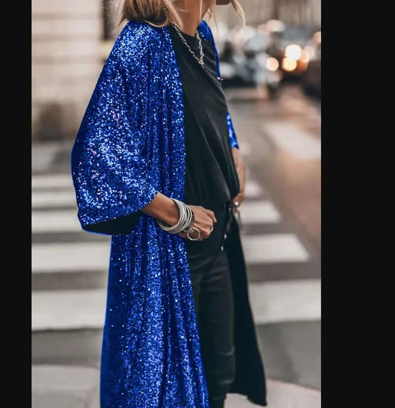 Lång paljettkimono – öppen fram – långa ärmar – glittrig kimono – glitterkofta-Eva Jonsson