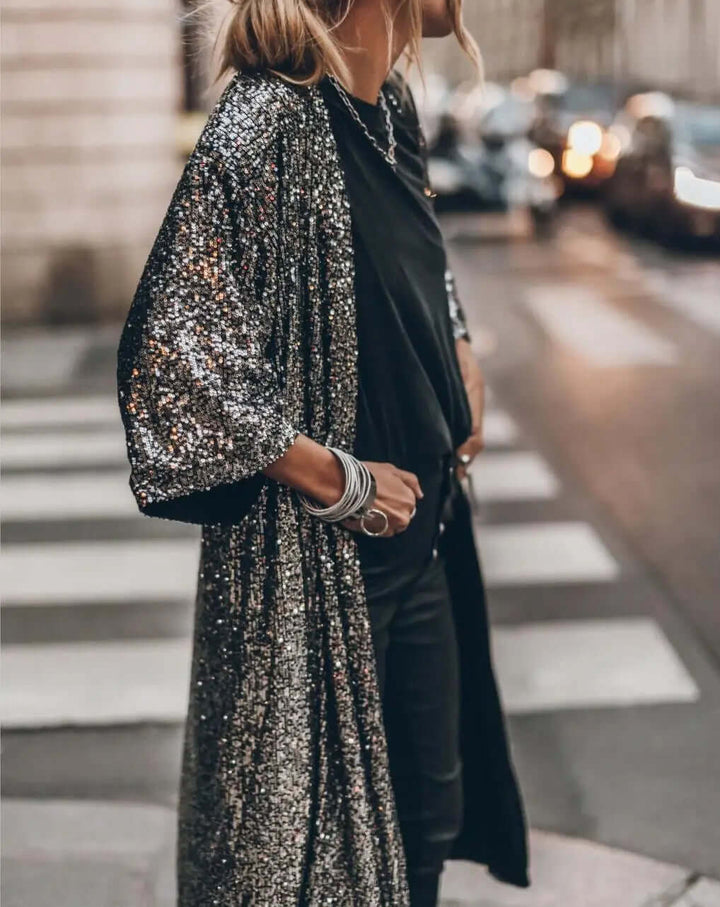 Lång paljettkimono – öppen fram – långa ärmar – glittrig kimono – glitterkofta-Eva Jonsson