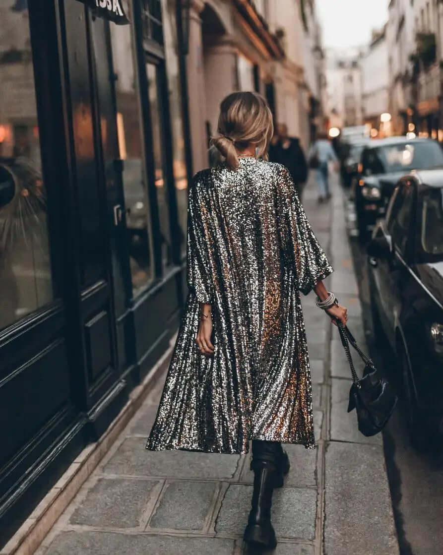 Lång paljettkimono – öppen fram – långa ärmar – glittrig kimono – glitterkofta-Eva Jonsson