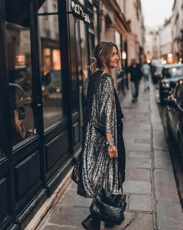 Lång paljettkimono – öppen fram – långa ärmar – glittrig kimono – glitterkofta-Eva Jonsson