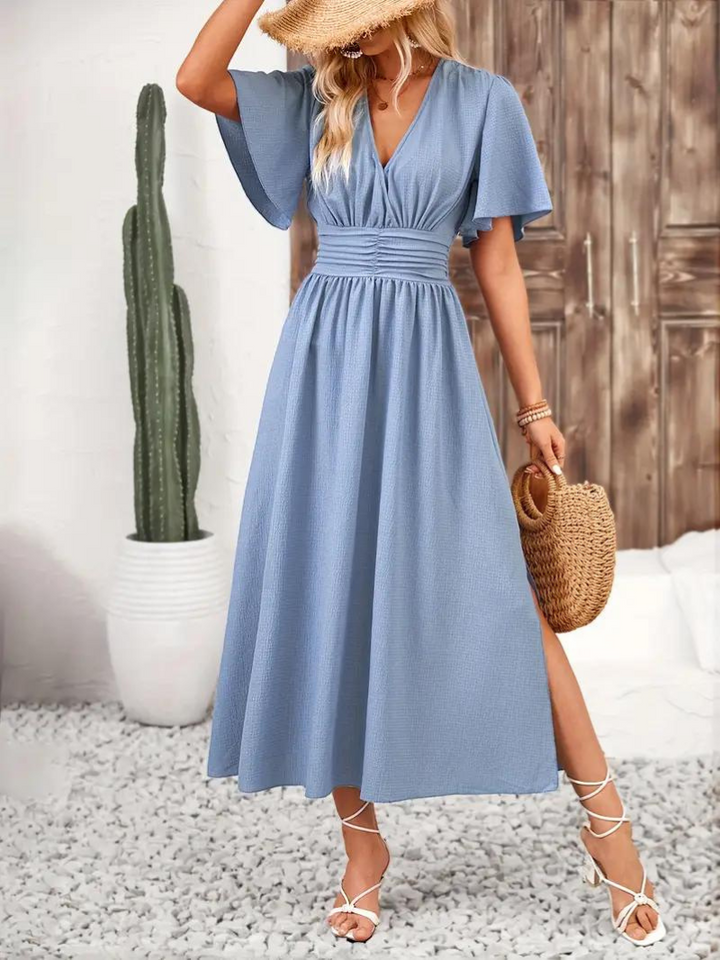 Långklänning - Kortärmad - V-hals - Sommarklänning - Maxi Sundress-Eva Jonsson