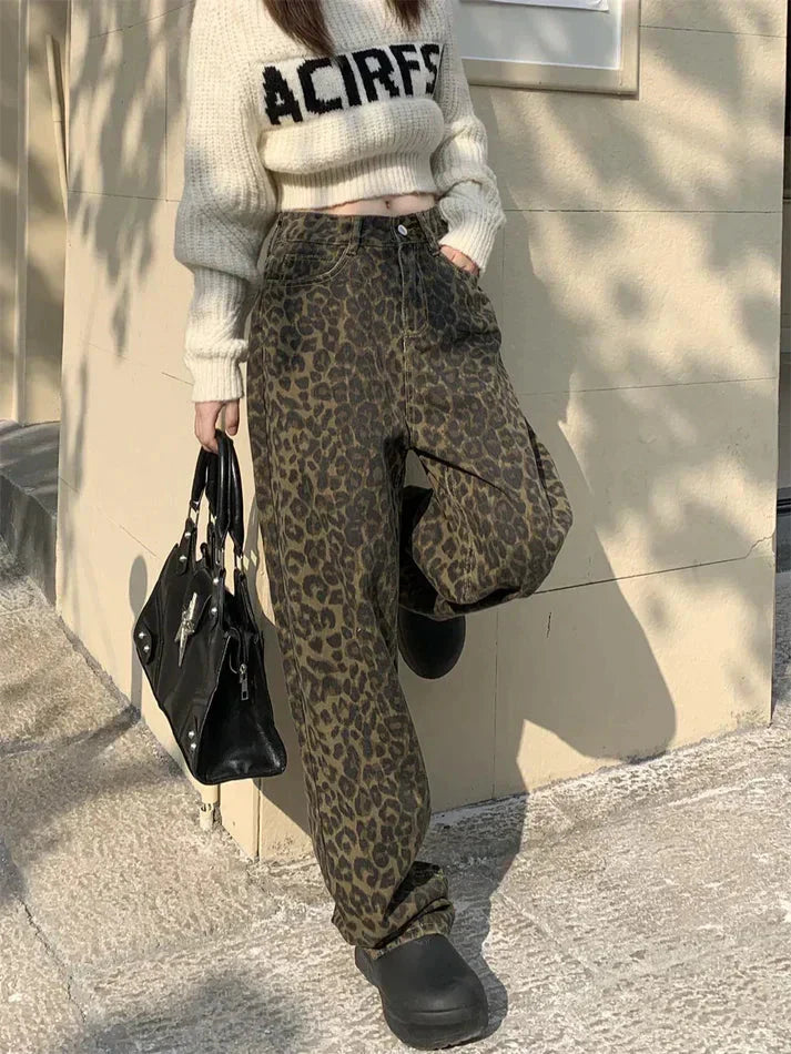 Leopard Jeans | Jeans med vida ben | Hög midja | Lös passform | Damkläder-Eva Jonsson