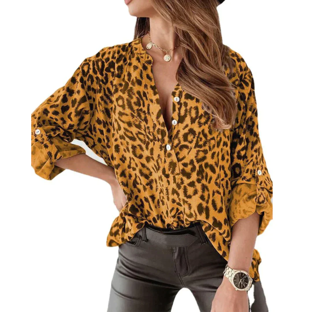 Leopardblus – långärmad – knäppning fram – skjorta med leopardmönster – damkläder-Eva Jonsson