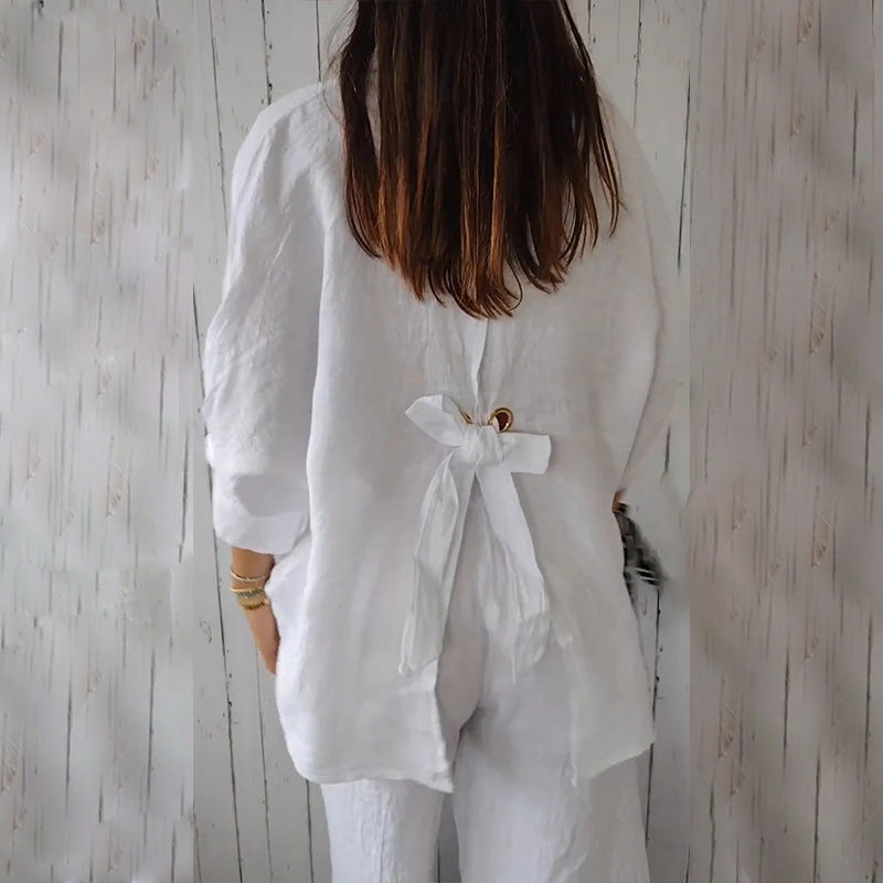 Linen Shirt - Långärmad knytblus med knappar och knytband för kvinnor-Eva Jonsson