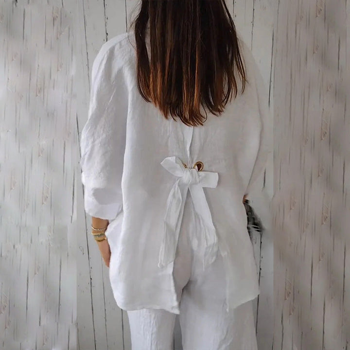 Linen Shirt - Långärmad knytblus med knappar och knytband för kvinnor-Eva Jonsson