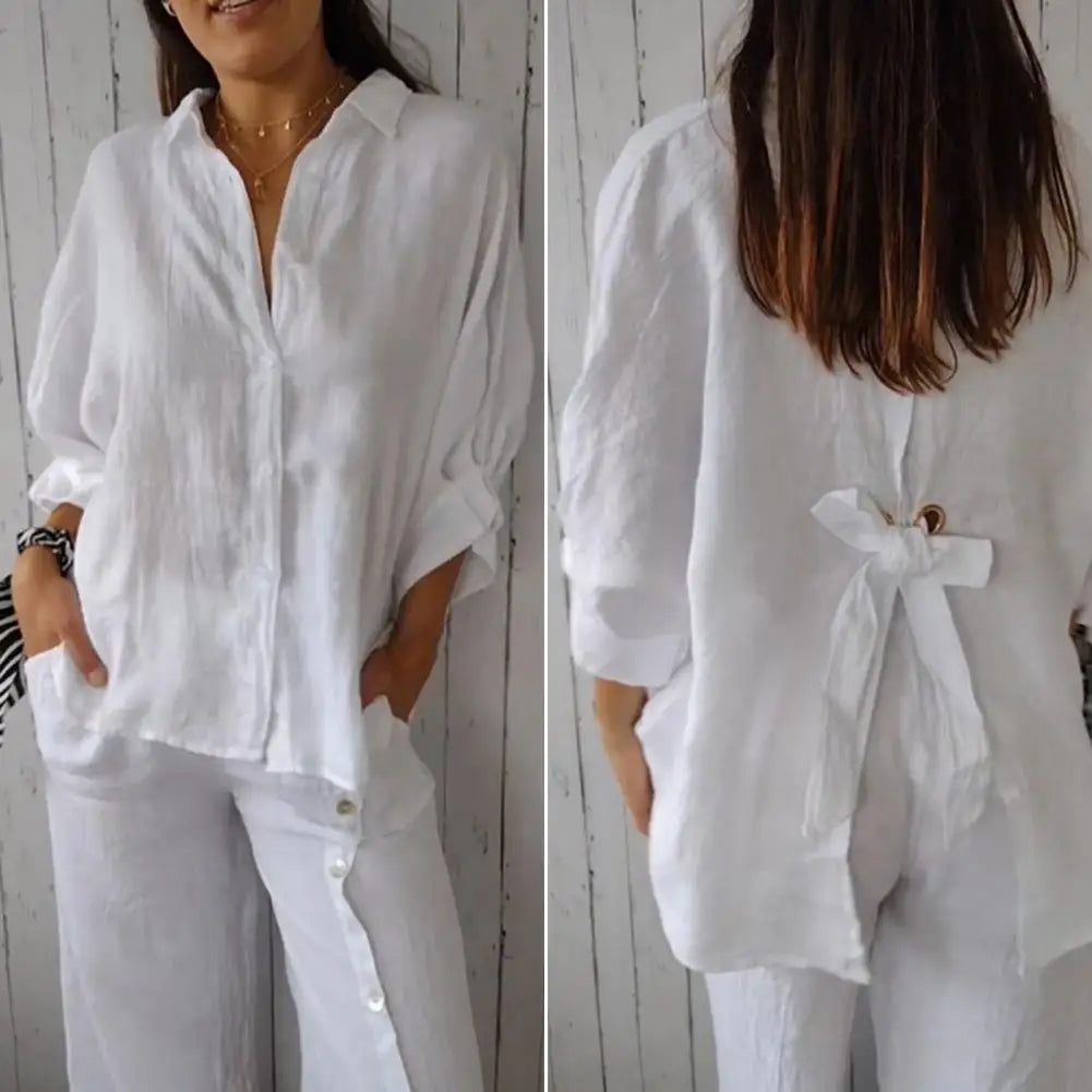 Linen Shirt - Långärmad knytblus med knappar och knytband för kvinnor-Eva Jonsson