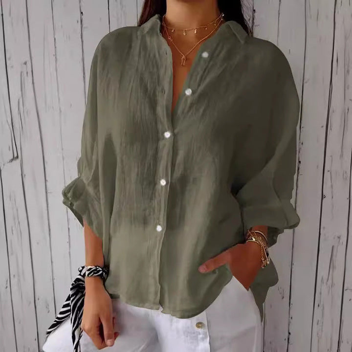 Linen Shirt - Långärmad knytblus med knappar och knytband för kvinnor-Eva Jonsson