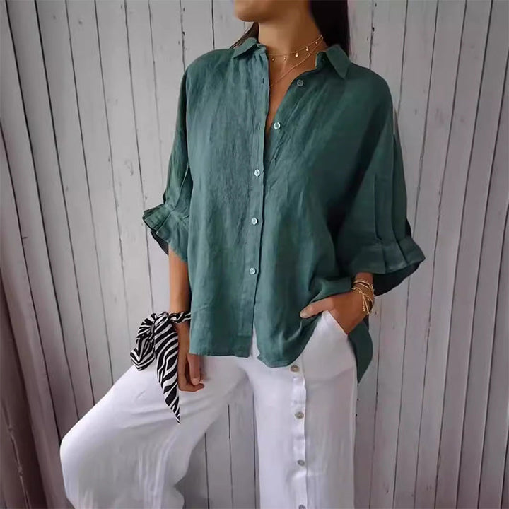 Linen Shirt - Långärmad knytblus med knappar och knytband för kvinnor-Eva Jonsson